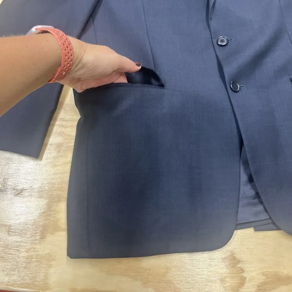 VTG Chaps Ralph Lauren Wool Cashmere Blazer Jacket Mens 43R Navy Blue Windowpane